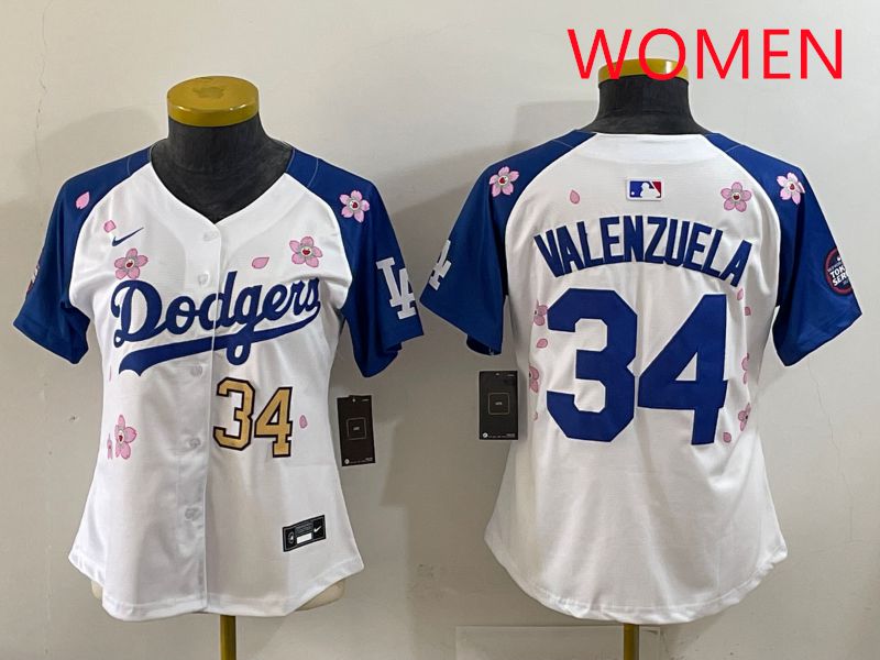 Women Los Angeles Dodgers #34 Valenzuela White Blue Sakura Edition 2025 Nike MLB Jersey style 33->women mlb jersey->Women Jersey